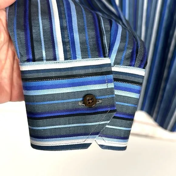 ETRO Milano Casual Button Up Shirt Cotton Blue Gray Striped Italy size 41 US 16 - Picture 8 of 12
